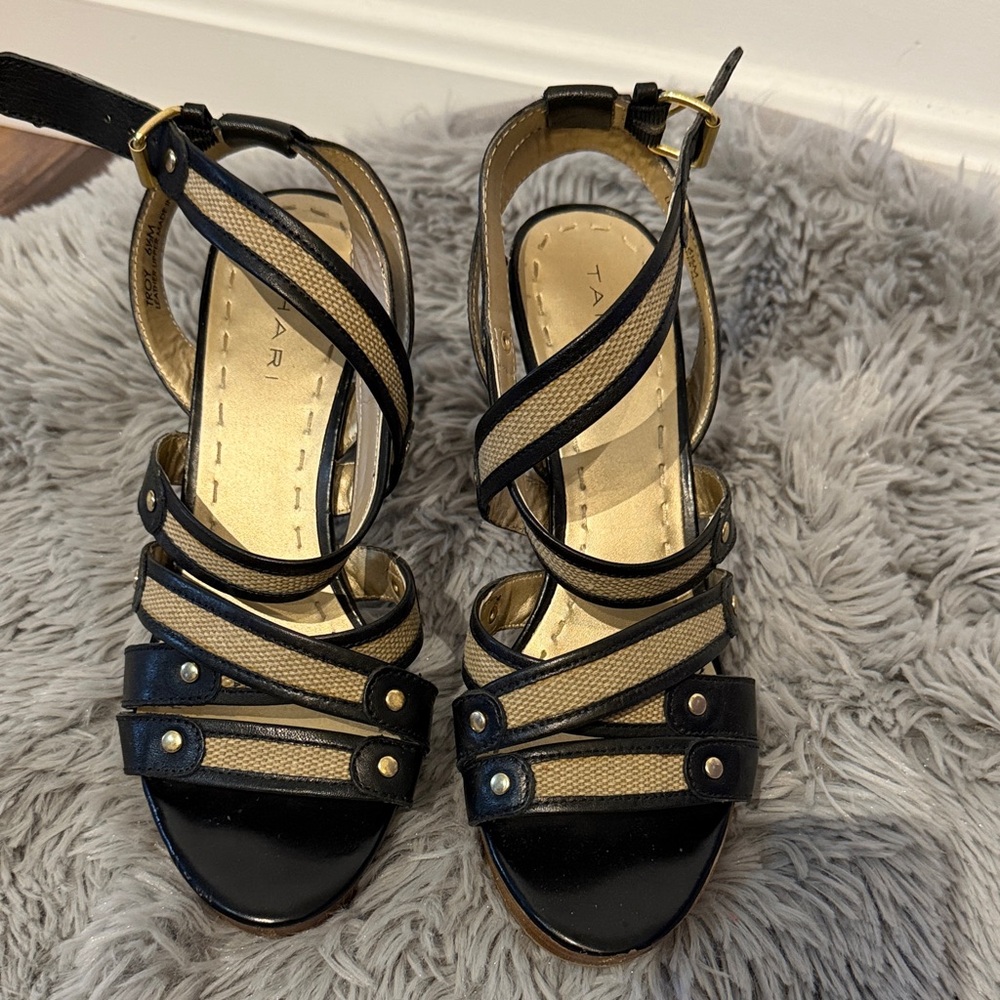 Tahari Black and Tan Strappy Heels